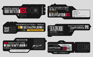cyberpunk decals set. set of vector stickers and labels in futuristic style. inscriptions and symbol