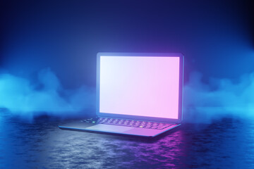 Fototapete - 3D illustration rendering. Laptop computer silver and black color blank screen in blue pink light color background with smoke effect.