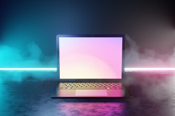 Fototapete - 3D illustration rendering. Laptop computer silver and black color blank screen with led line blue pink light color smoke effect.