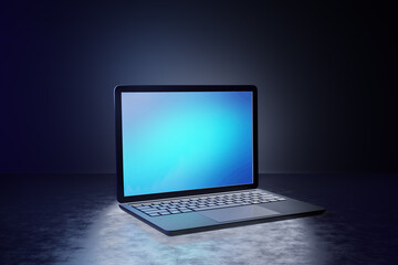 3D illustration rendering. Black Laptop computer blue blank screen texture dark background.