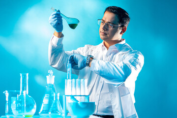 Poster - scientist chemist. young man chemist. chemical research. employee chemical laboratory. experiments w