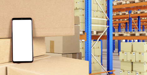 Poster - Phones inside warehouse. Storage business. Large phone in front storage racks. Smart phone with blank screen. Application for warehouse business. Copy Space on white. Warehouse offer. 3d rendering