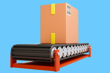 Poster - Technology fulfillment. Conveyor with card box. Fulfillment business. Concept fast order processing. Technology for Process Fulfillment. Cardboard parcel on conveyor. Box on turquoise. 3d rendering.