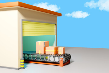 Poster - Conveyor belt with boxes. Warehouse Logistics System. Fulfillment without people. Automated warehouse. Concept automated order processing. Small warehouse with automatic conveyor. 3d image.