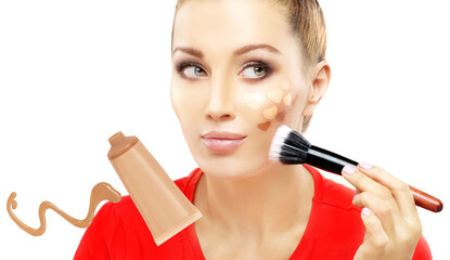 Wall Mural - Contouring.Make up woman face. Contour and highlight makeup.Foundation on white background