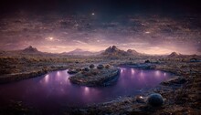 A Huge Lake And Purple Mountains Under The Stars And Shining Spheres In The Sky.