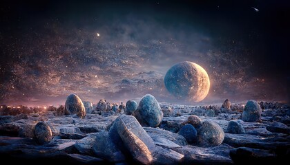 Sticker - planet covered with cobblestones, space background with rocks under the night sky and shining moon sphere.