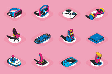 Aufkleber - Game devices 3d isometric icons set. Pack elements of vr glasses, different joysticks, gamer chair, slot machine, controller, gaming console and others. Vector illustration in modern isometric design