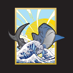 Poster - shark design with japanese style background