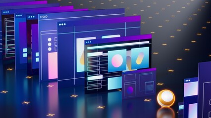 Stylized web pages and interfaces. Business and technology theme 3d illustration