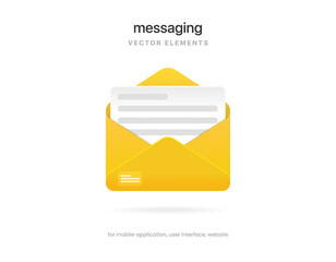 Fototapete - 3d realistic yellow message chat messaging icon. Document and postal envelope. Chatting, mail, post, letter symbol, sign, emblem for UI UX website mobile app.