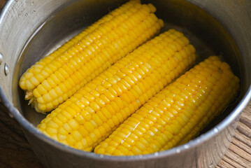 Wall Mural - ripe corn cobs sweetcorn for food, steamed or boiled sweet corn cooked in hot pot