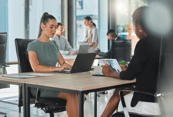 Aufkleber - Office corporate business female employees, coworkers and team working online with digital electronics. Diverse advertising and social media marketing company or agency staff busy with client work