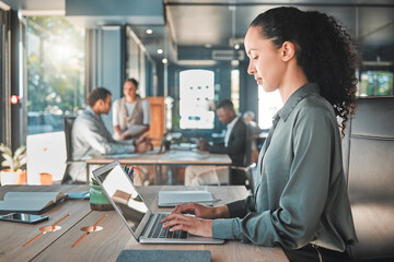 Poster - Relax, calm and serious business woman typing, writing and replying on a laptop working on a growth proposal in office. African American female employee writing and planning at a marketing agency