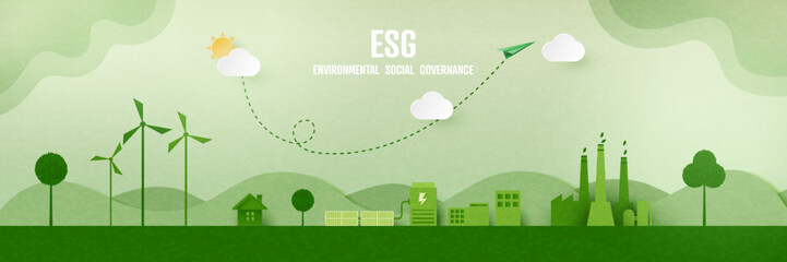 Aufkleber - ESG as environmental social and governance concept.Green ecology and alternative renewable energy.Paper art Vector illustration.