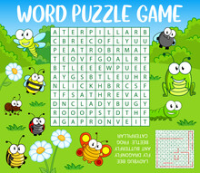 Cartoon Insects On Green Meadow. Word Search Puzzle Game Worksheet. Kids Quiz Grid, Vocabulary Riddle Or Quiz With Ladybug, Bee And Fly, Dragonfly, Beetle And Frog, Caterpillar, Ant And Butterfly