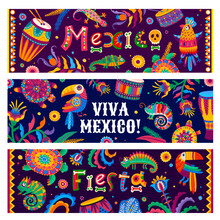 Viva Mexico, Brazilian Fiesta Holiday Banners. Vector Mexican Toucan And Parrot Birds, Chameleon And Gecko Lizards, Brazil Flowers, Plants, Drums And Turtles With Dia De Los Muertos Sugar Skulls