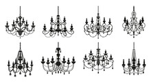 Chandelier Silhouettes, Candelabra With Candlesticks And Crystal Lamp Lights, Vector Icons. Vintage Baroque Chandelier Lamps Or Royal Lampshades With Candles And Crystal Pendants In Black Silhouettes