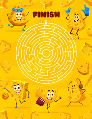 Wall Mural - Round labyrinth maze, cartoon maasdam and gouda cheese characters. Kids vector riddle, worksheet puzzle with round pathway and cheesy personages. Find correct way out of the maze boardgame, quiz task