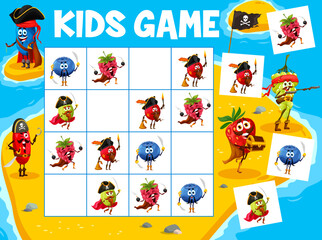Poster - Sudoku kids game, cartoon berry pirates and corsairs on treasure island. Vector worksheet board riddle how many filibusters characters raspberry, cowberry, blueberry and gooseberry on island field