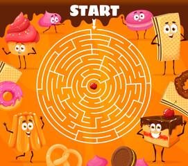 Wall Mural - Round labyrinth maze cartoon bakery, sweets and dessert characters. Vector kids worksheet quiz with chocolate cookie, cake, meringues and pudding, pretzel, cupcake or waffle, macaroon and donut