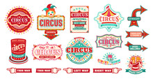 Circus Carnival Signs And Signboards, Fair Show Welcome Banners, Vector Direction Pointers. Circus Funfair Carnival Ticket Booth Poster With Finger Arrow Signboard To Lions Or Tigers Magic Show