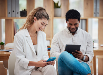 Poster - Technology, communication and networking with a business man and woman using a phone and tablet while sitting in their office at work. Connected, online and working together as a creative team