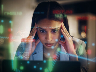 Headache, stressed and serious frustrated finance trader feeling bad, tired and unhappy with her financial stock investments. Upset, worried and worried female thinking while working on her computer