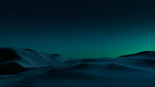Desert Landscape With Sand Dunes And Green Gradient Starry Sky. Peaceful Contemporary Background.
