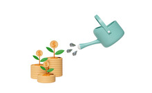 3d Green Watering Can With Money Dollar Coins Stack Plant Isolated. Financial Success And Growth Or Saving Money Concept, 3d Render Illustration