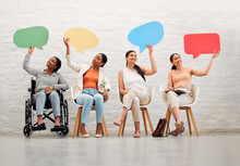 Diversity, Collaboration Or Social Media Speech Bubbles Of Women Community News Thinking In Digital Advertising Office Space. Communication, Review Or Vote Mockup Of Friends With Disabled Woman