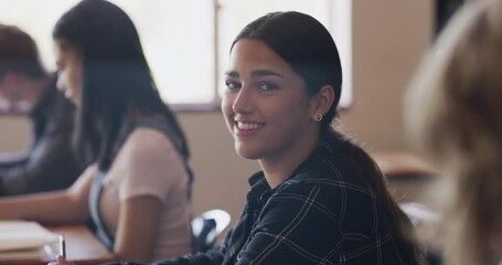 Poster - Student, education and learning with a young girl sitting at her desk in a classroom during class at school. Writing a high school exam and studying for growth and development during a lesson