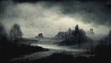Gloomy Atmospheric Dark Realistic Landscape. Mystic, Horror, Spooky, Dramatic Scene. 3D Illustration.