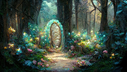 Poster - Fantasy magic portal in mystic fairy tale forest. Fairy door to the parallel world. 3D illustration.