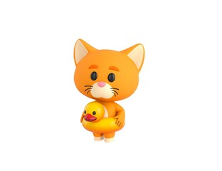 Wall Mural - Orange Little Cat character with inflatable duck ring in 3d rendering.