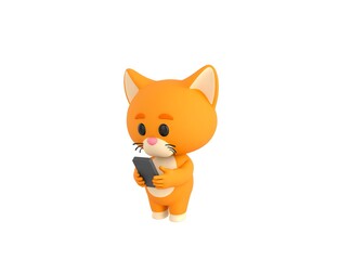 Wall Mural - Orange Little Cat character types text message on cell phone in 3d rendering.