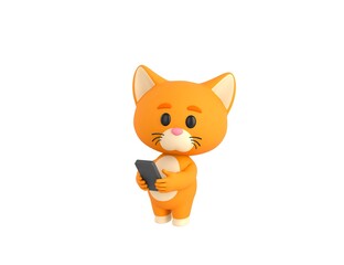 Wall Mural - Orange Little Cat character using smartphone and looking to camera in 3d rendering.