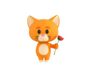 Sticker - Orange Little Cat character holding flower in 3d rendering.