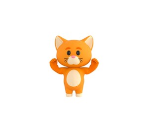 Sticker - Orange Little Cat character raising two fists in 3d rendering.