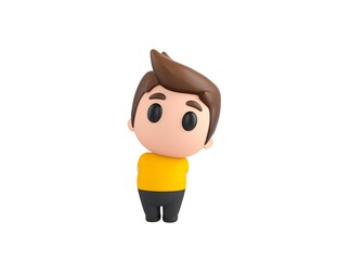 Sticker - Little boy wearing yellow shirt character hides his hands behind his back in 3d rendering.