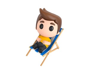 Wall Mural - Little boy wearing yellow shirt character sit on beach chair in 3d rendering.