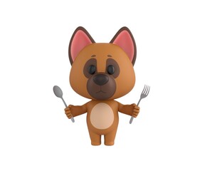 Canvas Print - German Shepherd Dog character holding fork and spoon in 3d rendering.