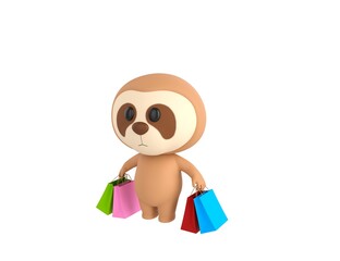 Wall Mural - Little Sloth character carrying colorful shopping bags in 3d rendering.