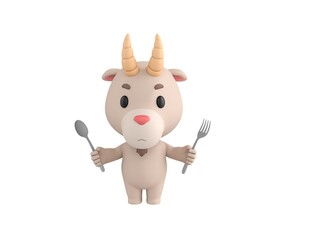 Sticker - Little Goat character holding fork and spoon in 3d rendering.