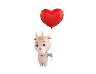 Wall Mural - Little Goat character holding heart balloon in 3d rendering.