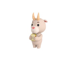 Sticker - Little Goat character eating sandwich in 3d rendering.