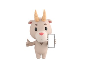 Poster - Little Goat character show his phone and give thumb up in 3d rendering.