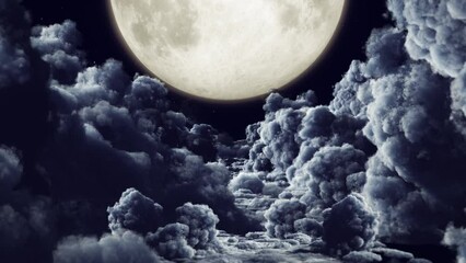 Wall Mural - flying passing night cloud with the moon loop. halloween night clouds and star with the moon in on d