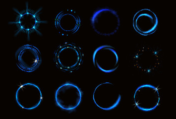Poster - Glowing blue circles with sparkles, round frames, shiny borders with glitter or fairy dust, glow rings, fantasy design elements isolated on black background, Realistic 3d vector illustration, set