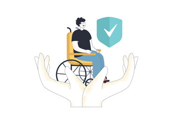 Wall Mural - Hands holding person sitting in wheelchair. Help and medical care for tiny man with disability flat vector illustration. Insurance, medicine concept for banner, website design or landing web page